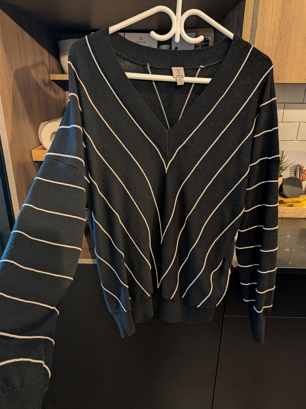 Tristan Black V-Neck Sweater with White Stripes